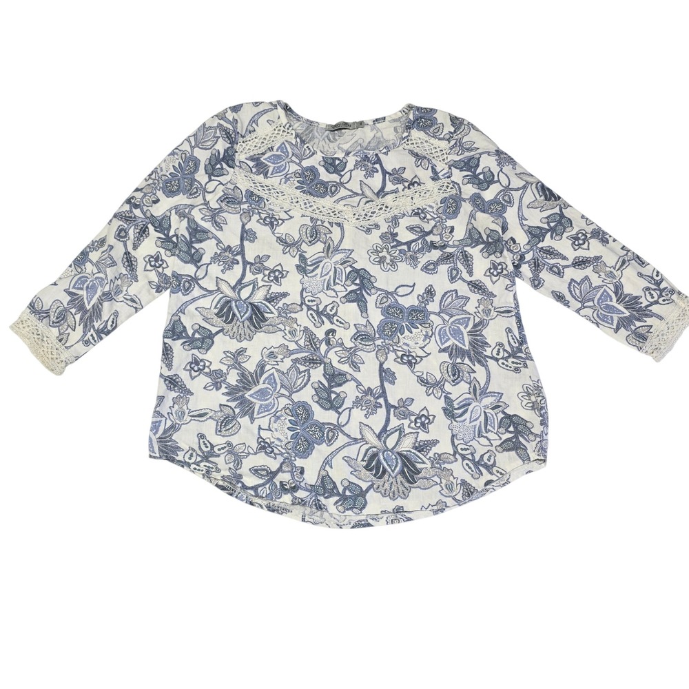 Elena Baldi Italy Blue Floral 100% Linen Lace Trim Blouse Top Womens Medium